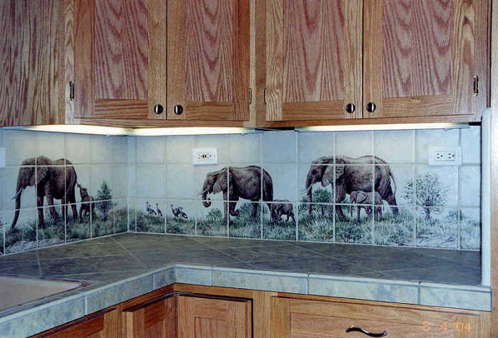 Mother African elephants with their calves, crowned cranes following herd, East African Wildlife kitchen wall tile mural. Artist Julia Sweda.