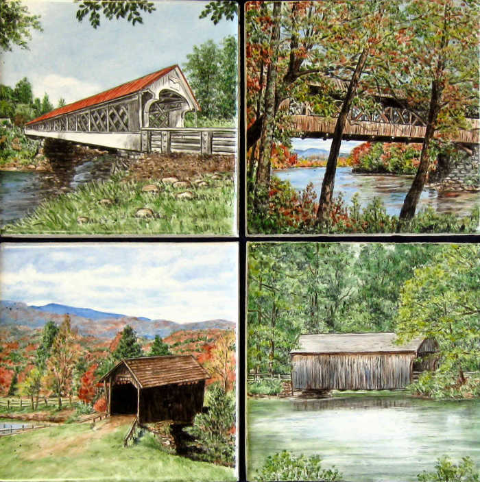 Accent tiles 1, four accent tiles, each with a different scenic covered bridge portrait. Hand painted by Julia Sweda.