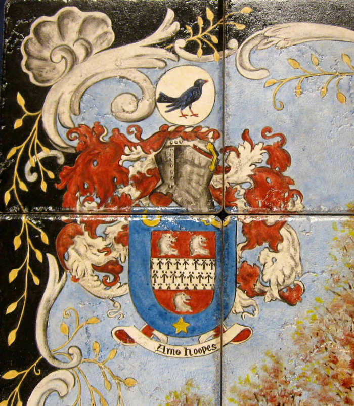Hoopes Heraldry and Home Portrait Mural, closeup of Amo Hoopes herald inscription below crest shield. Artist Julia Sweda.