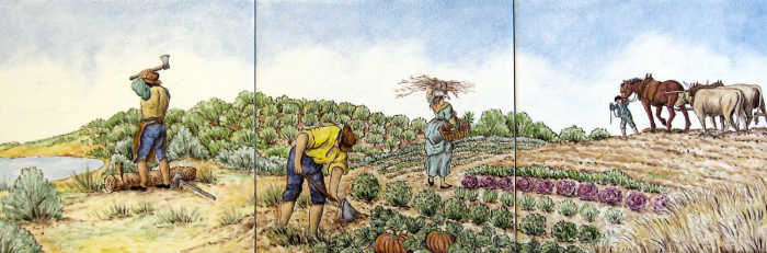 Colonial farmers cultivating garden, harvesting vegetables, gathering firewood, tile art by Julia Sweda.