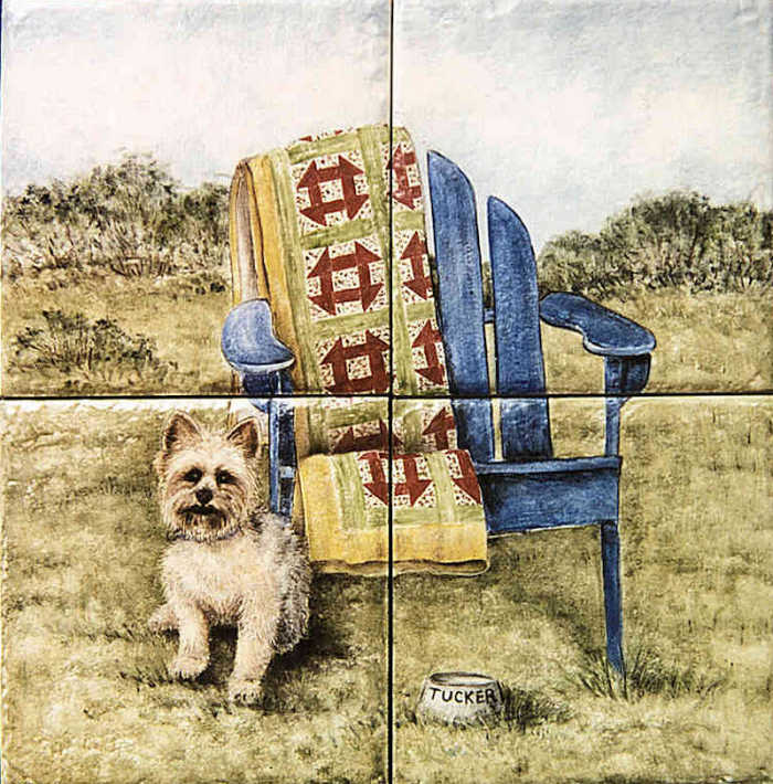 Quilts For Sale house portrait, closeup of Tucker, the family dog, sitting next to quilt covered chair. Tile art by Julia Sweda.