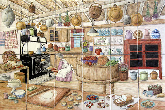 Victorian Age Kitchen - Sissie's Love to Bake with fresh baked pies, red pie safe, wood fired stove, cake stands, vintage cookie jars, baking pans, fresh baked cookies, tarts and bread. Artist Julia Sweda.