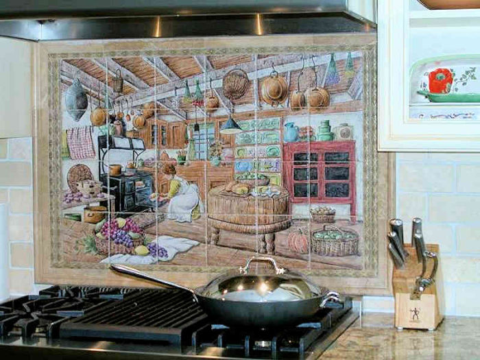 Lannys Victorian Era Kitchen Installed 1 installed behind stove with decorative frame surrounding the painting. Artist Julia Sweda.