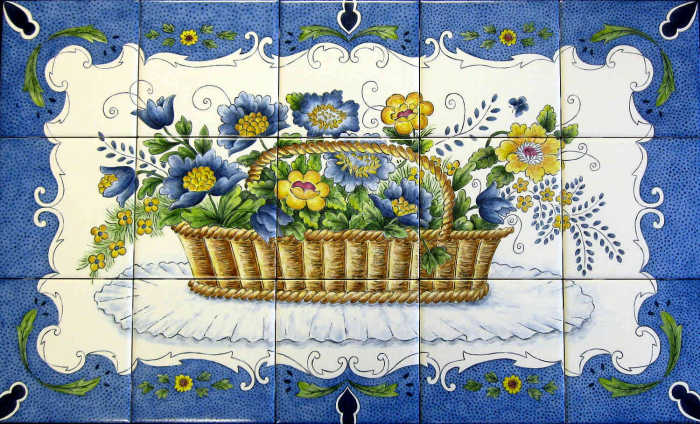 Jaynes Azulejo Style Flower Basket emphasizes yellow and blue tones with touches of green in the border. Painted tile mural by Julia Sweda.