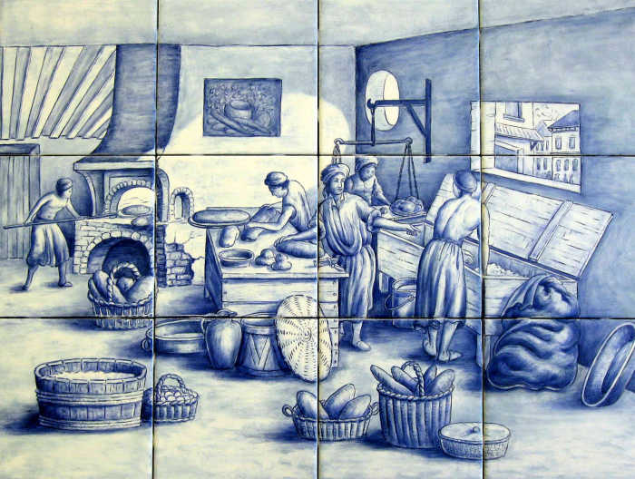 The Bread Bakers tile mural is painted in blue and white hues and features early 18th century bakery workers. Artist Julia Sweda.