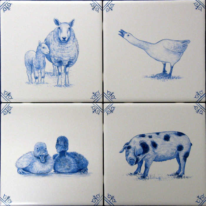 Cheviot sheep-ewe with lamb, male goose, adorable ducklings, Gloucestershire Old Spots pig-sow. Blue on white tile art portraits by Artist Julia Sweda.