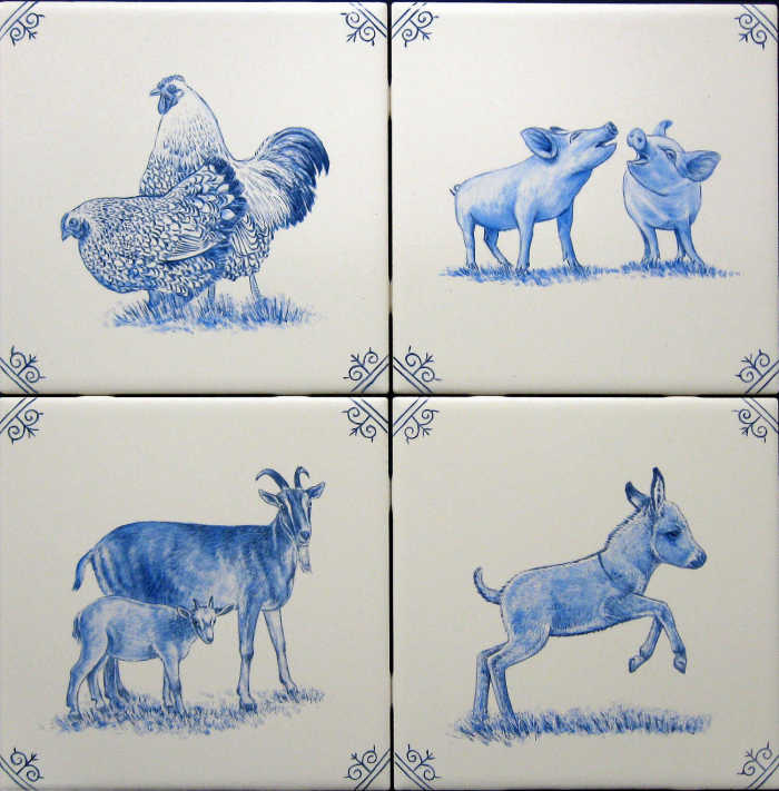 Silver Laced Wyandotte rooster and hen that are an American breed of chickens, two young pigs talking to each other, nanny goat with her kid, miniature breed Sardinian or Sicilian donkey foal. Blue on white tile art portraits by Artist Julia Sweda.