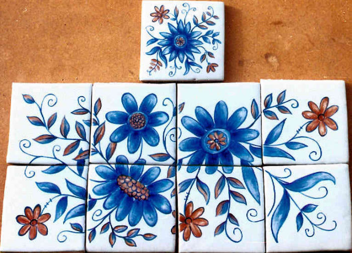 Portuguese Azulejo Style Flowers Bouquet, eight tile vignette and accent tile. Artist Julia Sweda.