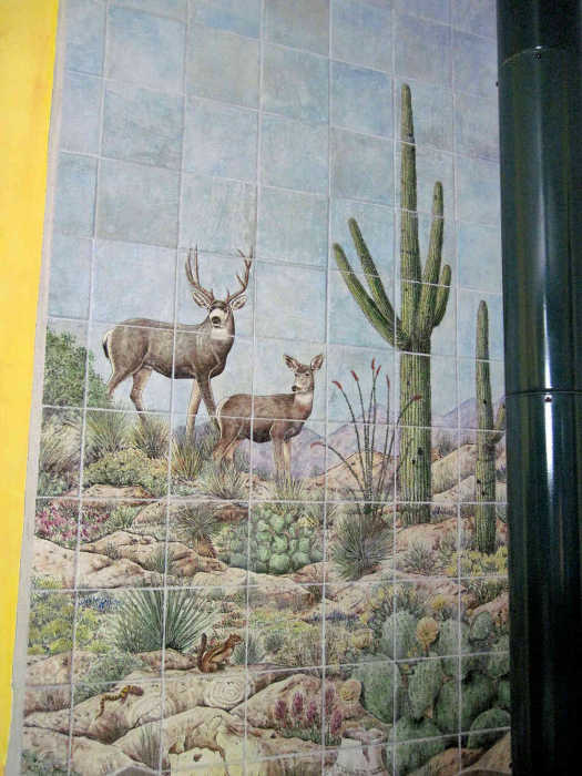 Sonoran Desert and Southwestern Pottery Scene wall tile mural, left side panel by Julia Sweda.