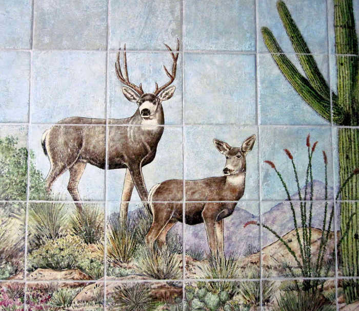 Sonoran Desert and Southwestern Pottery Scene wall tile mural, closeup of mule deer by Julia Sweda.