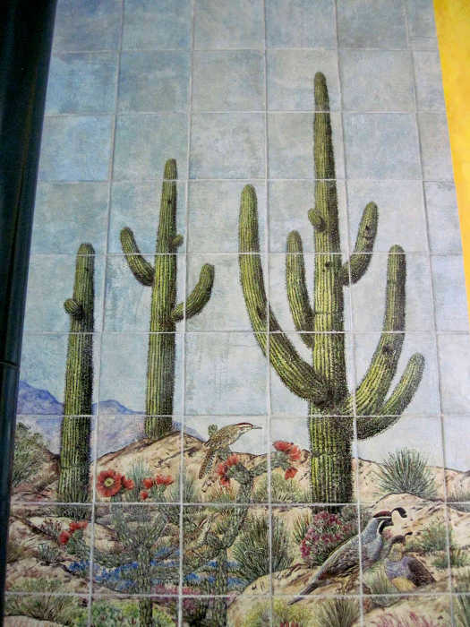 Sonoran Desert and Southwestern Pottery Scene wall tile mural, right side panel by Julia Sweda.