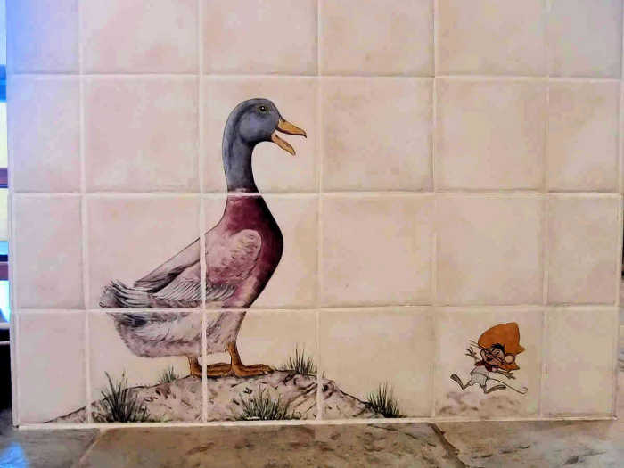 European Style Country Kitchen duck portrait. Closeup of male mallard duck and mouse vignette. Painted by Julia Sweda.