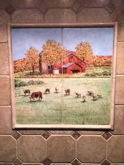 Annes Country Kitchen Animals, Red barn and silo vignette installed as a backsplash. Artist Julia Sweda.