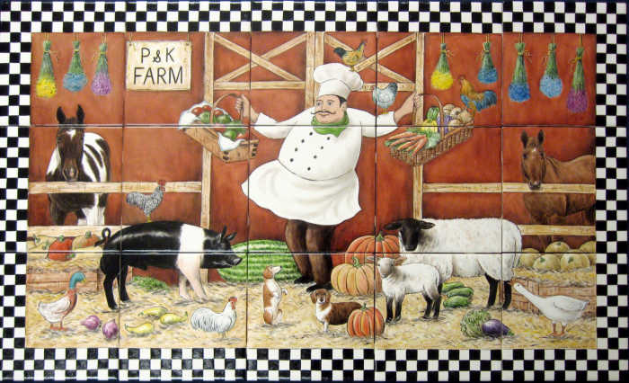 Kellys Country Kitchen Farm Menu 2 backsplash tile mural. Farm and barnyard animals, produce baskets, herbs and spices hanging to dry. Artist Julia Sweda.