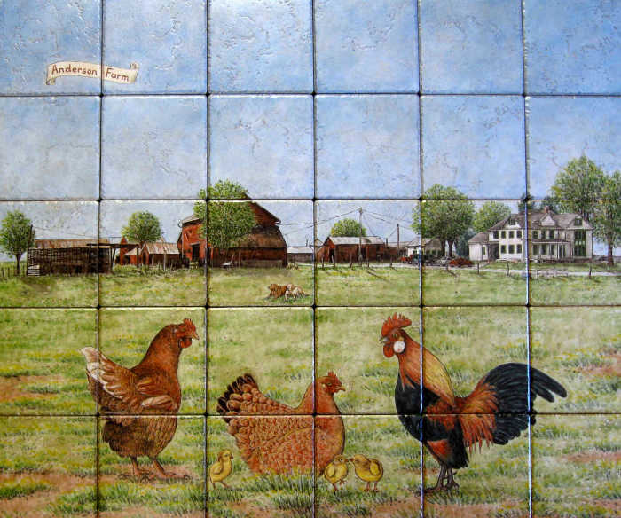 Illinois Old Farmstead backsplash tile mural. Old farm home, barn, chickens, rooster in pasture.