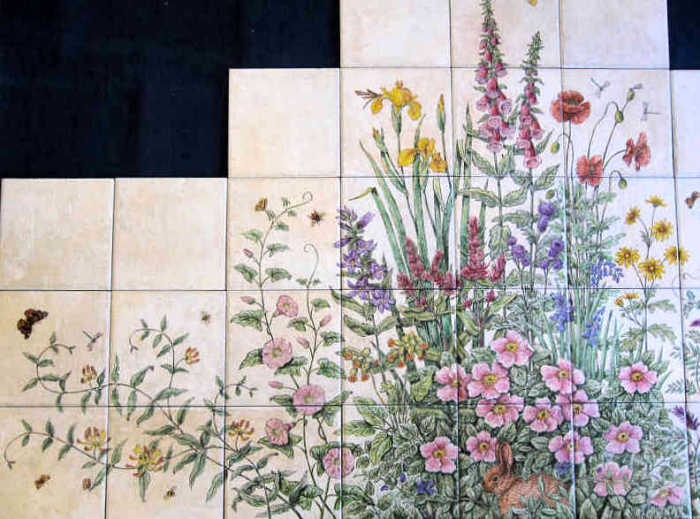 Bernadettes Victorian Floral Garden tile mural, closeup of flowers on left side extension of the painting. Artist Julia Sweda.