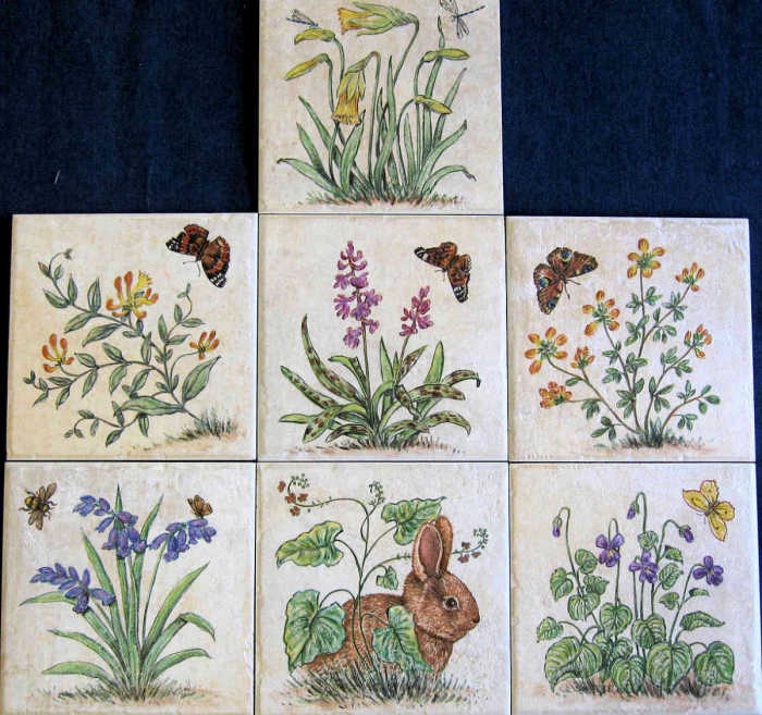 Bernadettes Victorian Floral Garden tile mural, seven accent tiles with flowering plants, baby rabbit. Artist Julia Sweda.