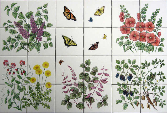 Flowers with Butterflies for DeLuna, accent tile panels. Monarch, clouded sulphur, Eastern tailed-blue, tiger swallowtail, painted lady butterfly portraits. Artist Julia Sweda.