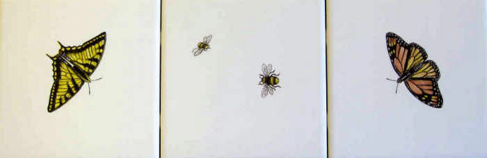Judys Floral Garden accent tiles. Tiger swallowtail and monarch butterflies, honey bees. Artist Julia Sweda.