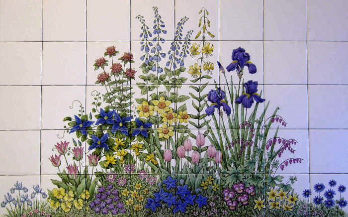 Judys Floral Garden tile mural. Deep blues, bearded iris, monarda and adenophora are featured.