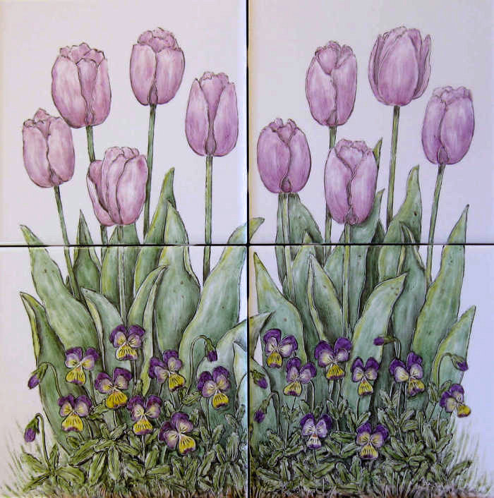 Judys Floral Garden vignette 2. Pink tulips and Johnny jump-up. Artist Julia Sweda.