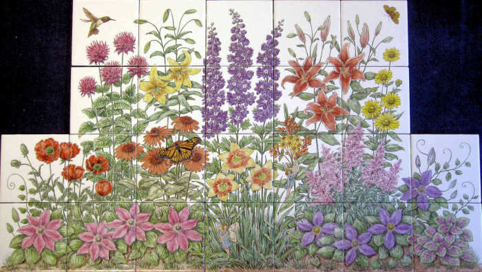 Priscillas Flower Garden, main tile mural backsplash with large variety of flowers and fairies hiding in among flowers. Painted tile mural by Julia Sweda.