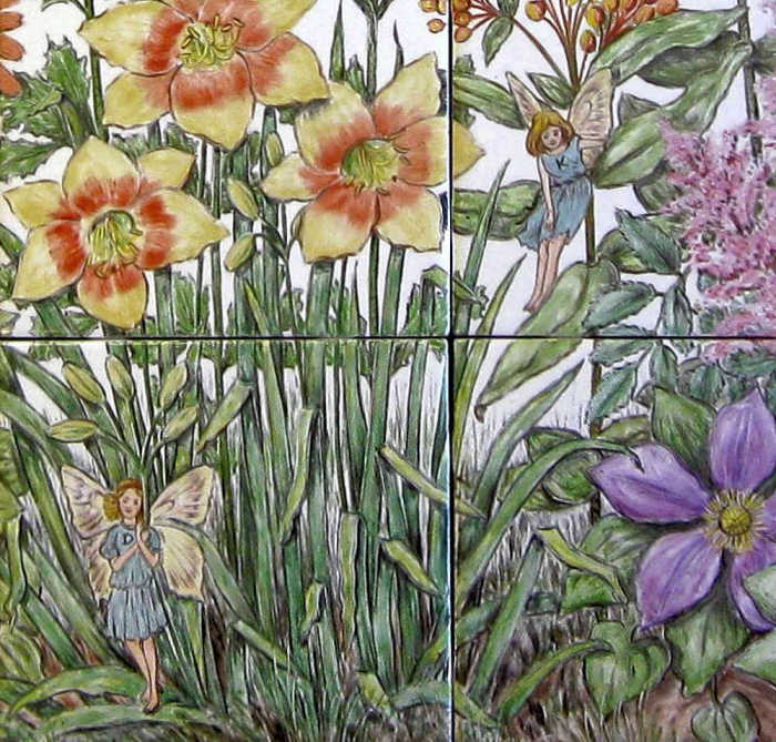Priscillas Flower Garden, closeup of the child fairies in among the plants and flowers of the garden. Hand painted tile art by Julia Sweda.
