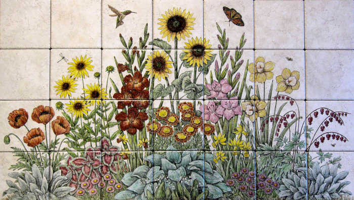 Debbie and Roccos Flower Garden tile mural, shows flowers, flowering plants, hummingbird and insects. Artist Julia Sweda.