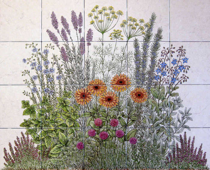 Flowering Herb Garden kitchen backsplash tile mural. Flowering, blossoming culinary, medicinal herbs and plants. Artist Julia Sweda.