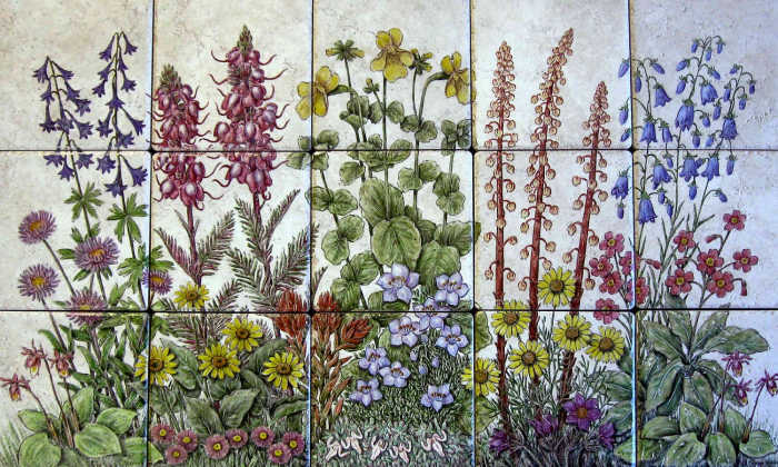Large variety of colorful wildflowers and plants native to the Wyoming region. Painted tile mural backsplash.