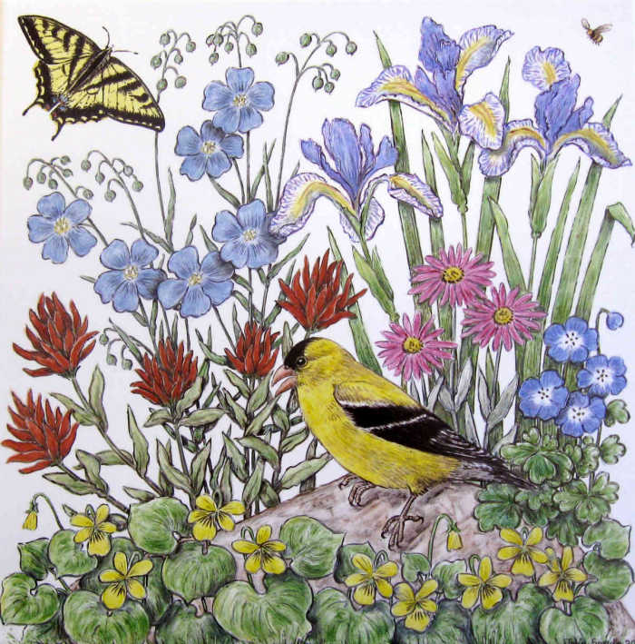 Lynnes Wildflower Garden tile art portrait, American goldfinch and Western Tiger Swallowtail butterfly in a wildflower garden setting. Artist Julia Sweda.