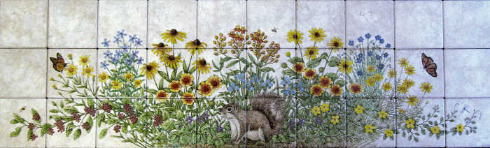 Numerous native Florida wildflowers with Southern Gray Squirrel portrait. Custom kitchen backsplash tile mural by artist Julia Sweda.