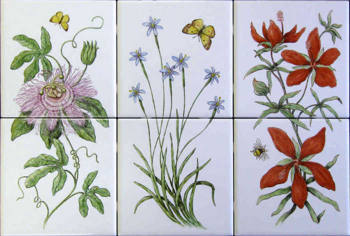 Three two tile vignetes with purple passion flower, blue-eyed grass, scarlet hibiscus and cloudless sulphur butterfly. Artist Julia Sweda.
