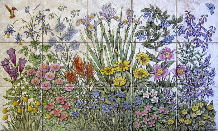 Marshas Idaho Wildflowers tile mural. Variety of colorful wildflowers native to the state of Idaho. Artist Julia Sweda.