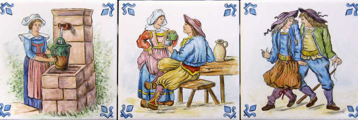 Woman filling jug at community running water well, barmaid serving a patron at pub, two drunk men having trouble walking and leaning on each other. Artist Julia Sweda.