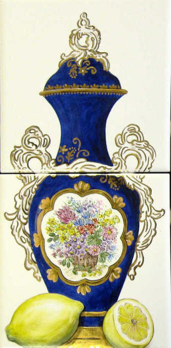Outer left side two-tile panel has colorful flower bouquet inset on vase and lemons at base of vase. Artist Julia Sweda.
