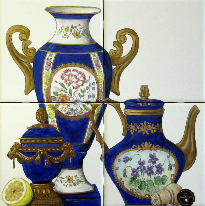 Right side four-tile panel has flowers on three porcelain pieces, champagne cork at base of right vase. Artist Julia Sweda.