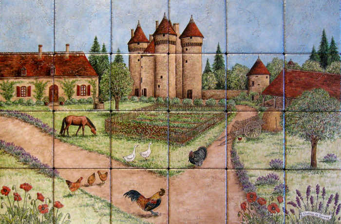 Depiction of the Chateau De Sarzay castle and grounds with farm animals and gardens incorporated. Kitchen tile backsplash by artist Julia Sweda.