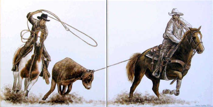 Rodeo Events Team Roping, depiction on two cowboys heading and heeling on a steer in a competition. Painted tile mural by Julia Sweda.
