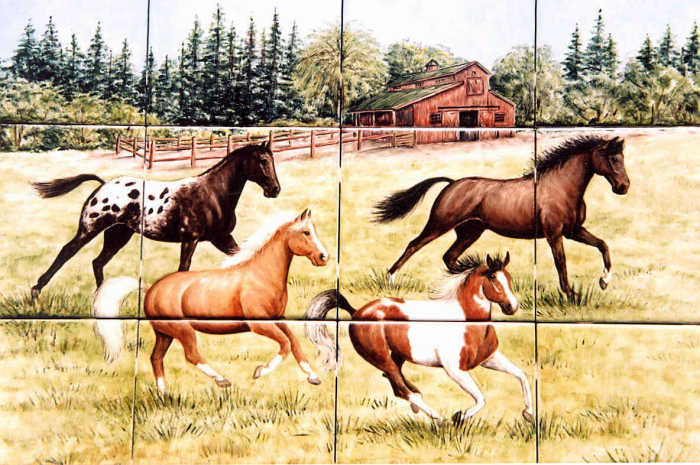 Julies Farm Ranch Horses and Red Barn, horses running in pasture with red barn in background. Painted tile mural by Julia Sweda.
