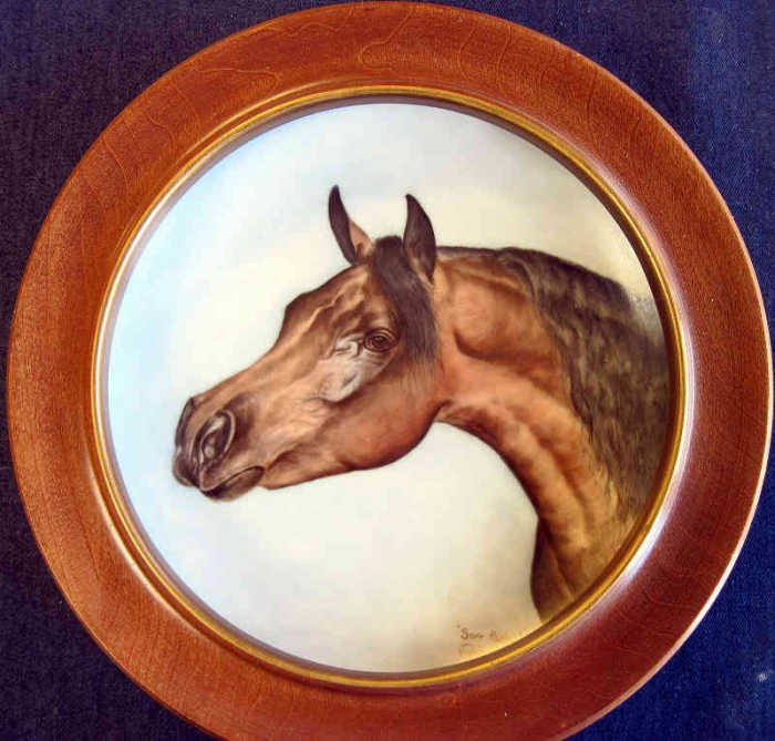 Serr Pasha Bay Arabian Stallion Head Study. Horse portrait porcelain, china painting on round plate by Julia Sweda.