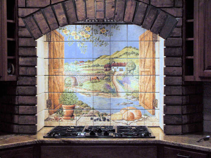 Look Through Window Shutters Irish Scene for Dori, tile mural installed, brick surround and vent hood. Artist Julia Sweda.