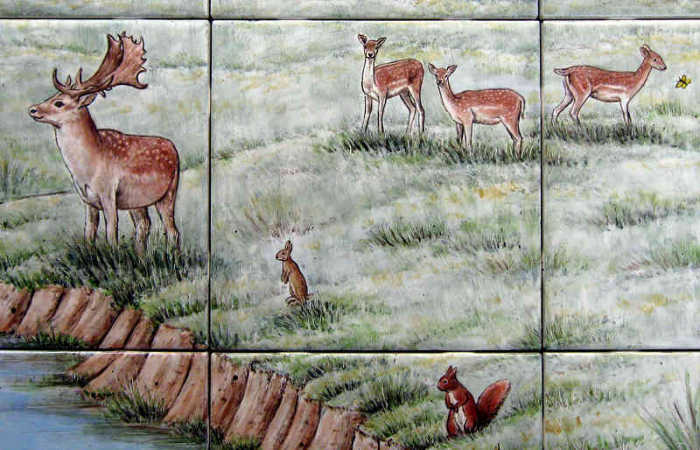 English Countryside British Teddies tile mural. Fallow deer, rabbit , red squirrel are curious about the teddies. Artist Julia Sweda.