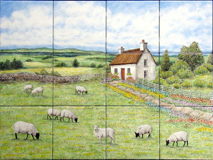 Thatched-roof Irish cottage set in lush grass pasture with various farm animals. Backsplash tile mural by artist Julia Sweda.