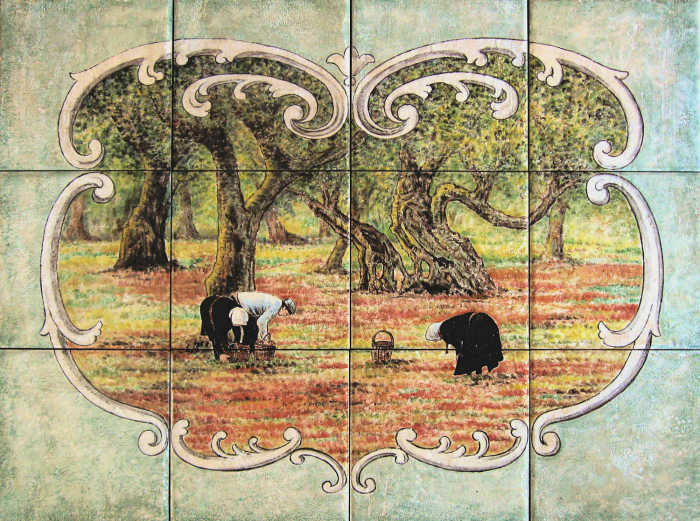 Old World Mediterranean Olive Harvest tile murals, harvesting olives from ancient trees, the old fashioned way.