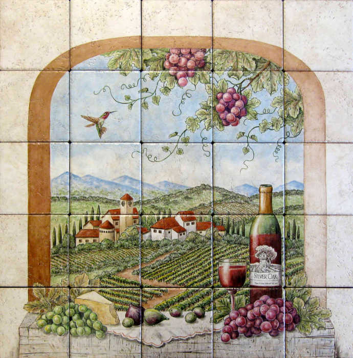 Charlottes Silver Oak Vineyards, produce, wine and cheese, local homes, winery, vineyards with grape vines bearing red grapes, rolling blue hills landscape of Tuscany. Painted tile mural by Julia Sweda.
