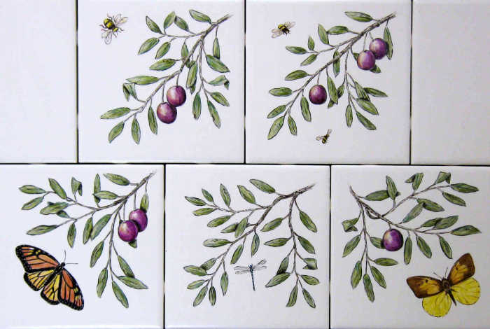 Tuscany Italy Vineyards View accent tiles, olive branches bearing olives, bees, butterflies closeups. Artist Julia Sweda.