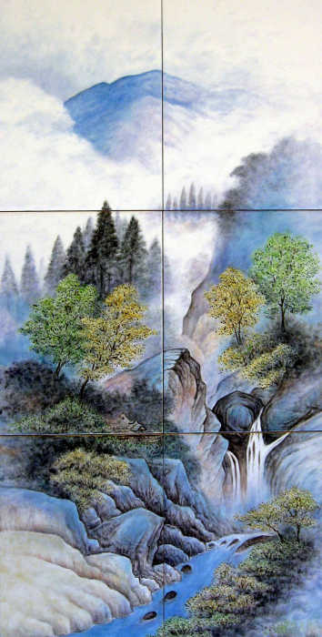 Sansui Ga Landscape Painting, cloud and mist covered mountains, trees, rock formations, flowing river with waterfall. Painted tile mural by Julia Sweda.