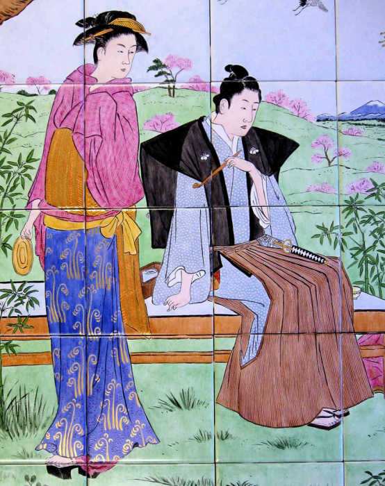 Ukiyoe Samurai Oiran Geisha, detailed closeup of the young samurai and the tea-girl servant. Artist Julia Sweda.