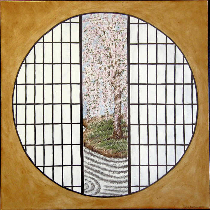 Yukos Zen Garden Shoji Doors, weeping Sakura or cherry blossom tree seen through partially opened doors. Painted tile art by Julia Sweda.
